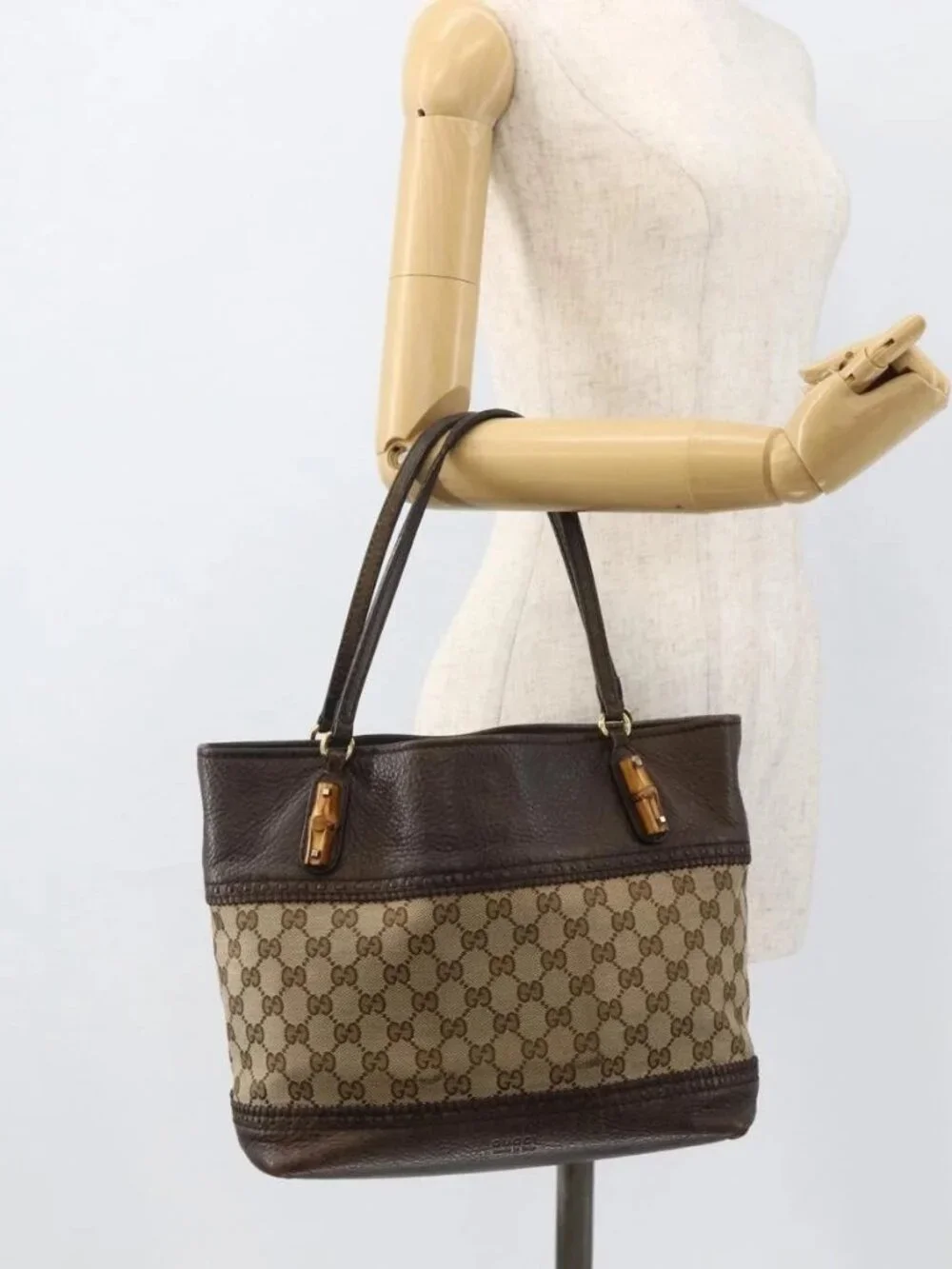 GUCCI GG Canvas Bamboo Tote Bag Black Gold 353125 Auth ka3798